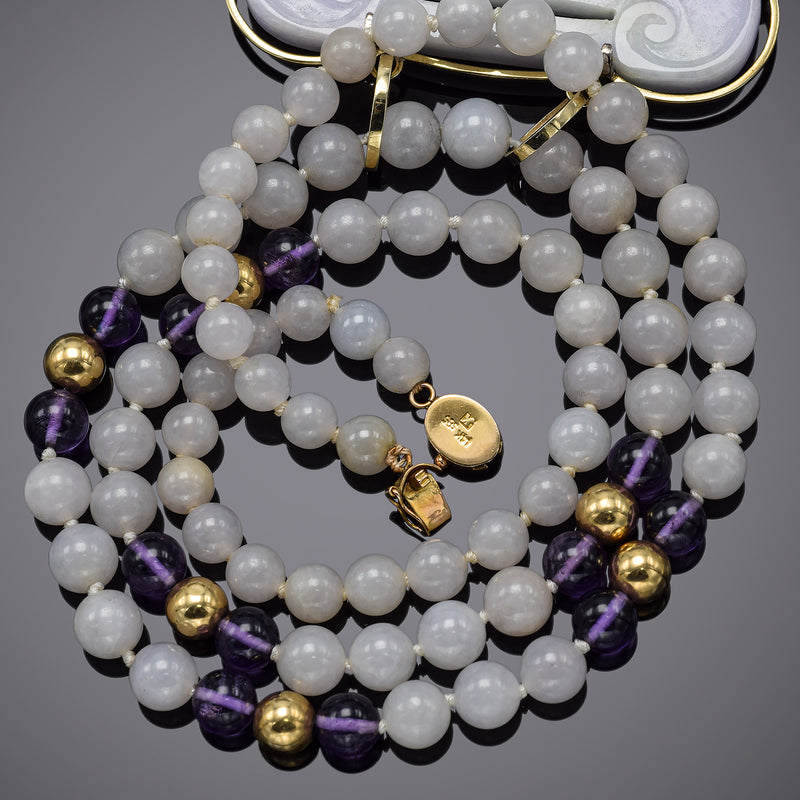 Vintage 14K Gold & Platinum Lavender Jade, Amethyst, Diamond Pendant Necklace