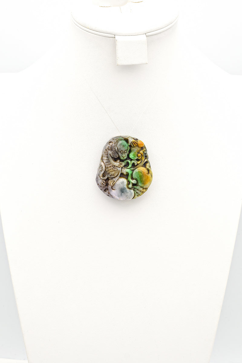 Vintage Lavender Orange & Green Jade Carved Monkey & Peaches Loose Stone Pendant