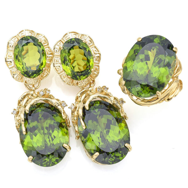 Heavy 14K Gold 111.44 TCW Peridot & Diamond Interchangeable Earrings & Ring Set