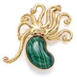 Vintage 14K Yellow Gold Malachite, Ruby & Diamond Octopus Large Brooch Pin