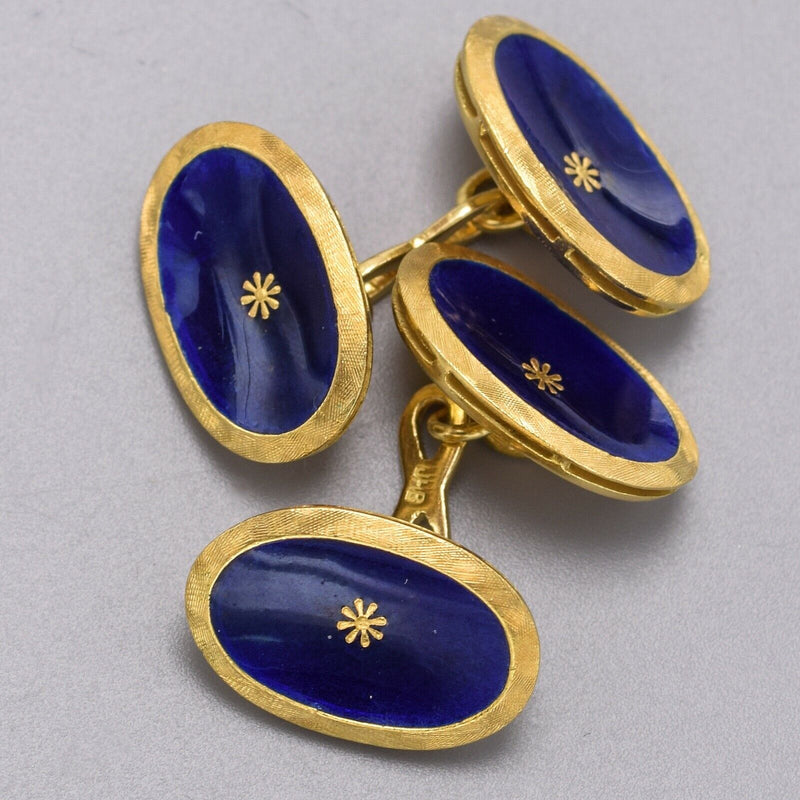 Vintage JHB Signed 18K Yellow Gold Blue Enamel Oval Cufflinks
