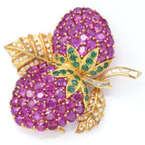 Vintage 22K Gold 18.24TCW Ruby, Diamond & Emerald Strawberry Brooch