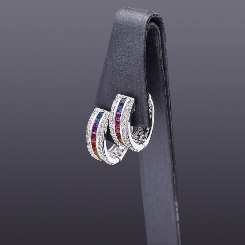 18K White Gold Rainbow Sapphire & 0.72 TCW Diamond Hoop Huggie Earrings G/H VS