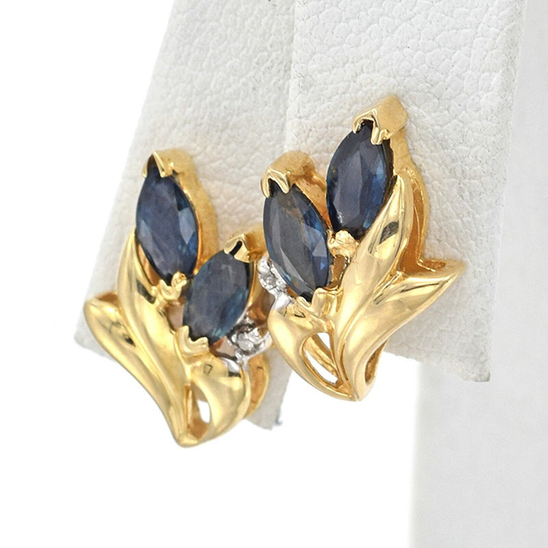 Vintage 14K Yellow Gold Sapphire & Diamond Stud Earrings
