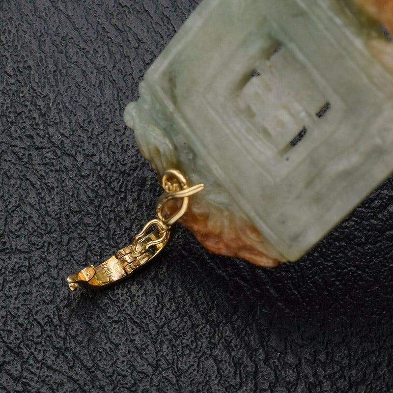 Vintage 14K Yellow Gold Green Red Jade Large Carved Lucky Pendant