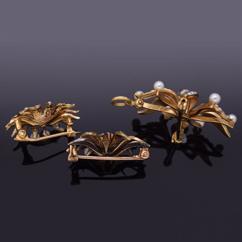 Lot of 3 Antique 14K & 10K Gold Pearl, Opal & Ruby Sunburst Brooch Pin Pendant