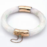 Vintage 14K Yellow Gold Carved Green White Jade Hinged Bangle Bracelet