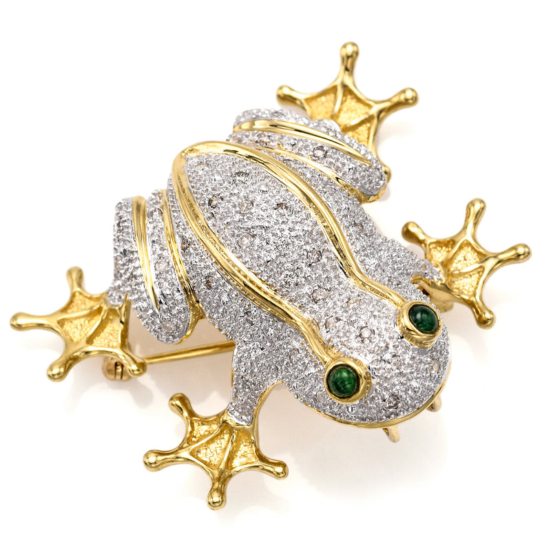 Vintage 14K Yellow Gold Emerald & 0.40 TCW Diamond Frog Brooch Pin Pendant