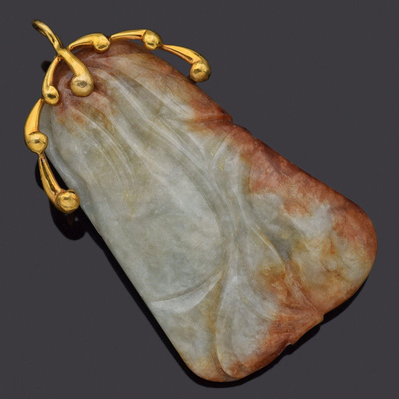 Vintage 14K Yellow Gold Pale Green Red Jade Large Carved Fruit Pendant 52.6Grams