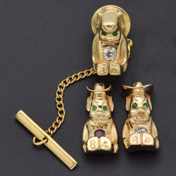 Antique 14K Yellow Gold 0.34 TCW Diamond, Emerald & Ruby Lapel Pin Tie Tack Set