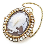 Antique 1800's 14K Yellow Gold Cameo Pearl Brooch Pin with Chain