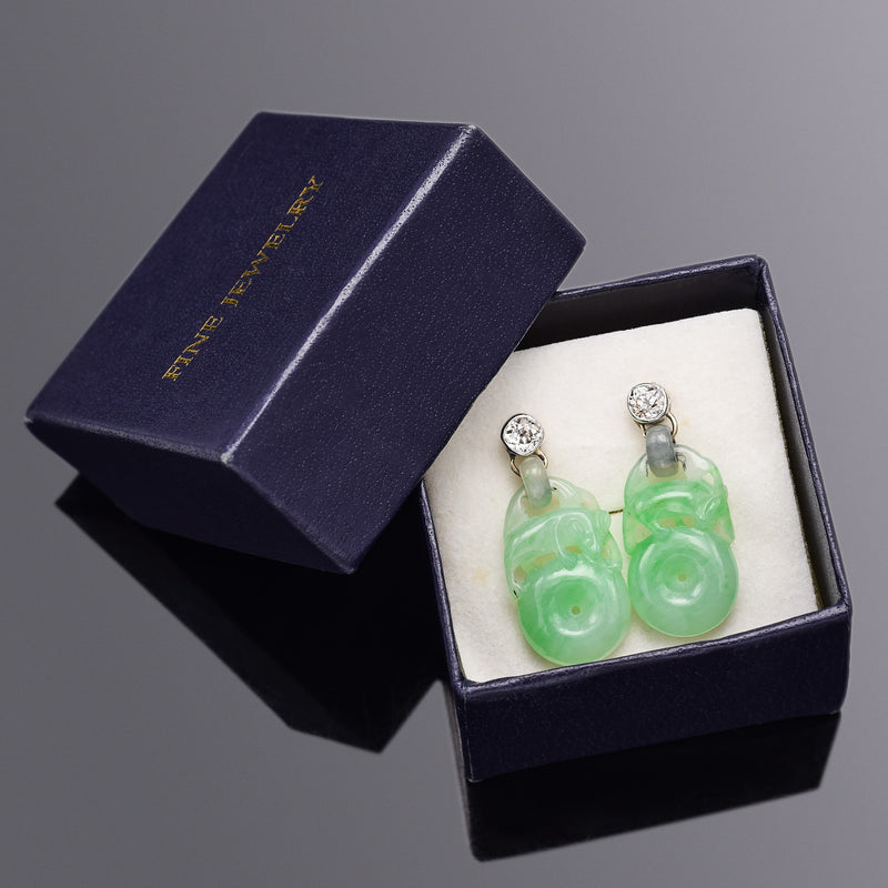 Antique 14K Gold Carved Green Jade & 0.50 TCW Old Mine Cut Diamond Earrings +Box