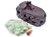 Antique Chinese Green Jade Carved Cabbage Snuff Bottle + Wood Stand 154.5 Grams