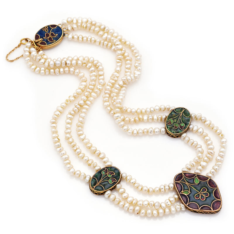 Vintage 14K Yellow Gold Sea Pearl Floral Enamel Beaded Multi-Strand Necklace