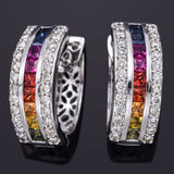 18K White Gold Rainbow Sapphire & 0.72 TCW Diamond Hoop Huggie Earrings G/H VS