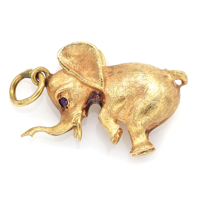 Vintage 14K Yellow Gold Ruby Elephant Charm Pendant