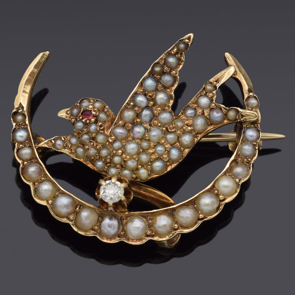 Antique 14K Yellow Gold Pearl & Diamond Bird Brooch Pin Pendant