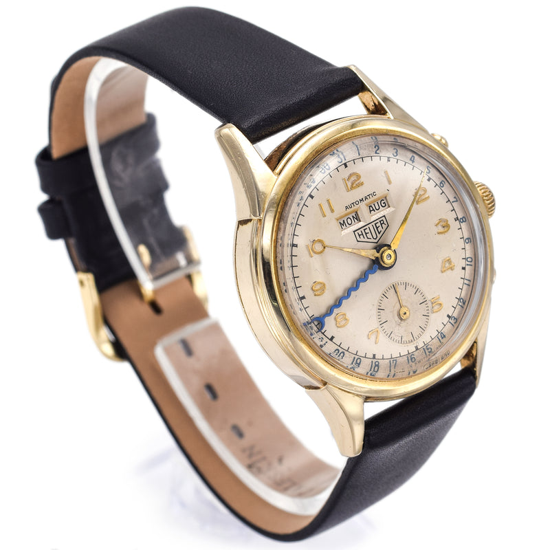 Vintage 1960s 14K Gold Heuer Triple Date Automatic Watch Men's 33mm