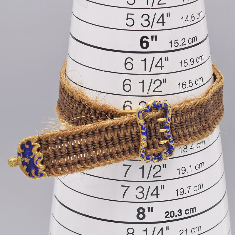 Antique Victorian 18K Yellow Gold Woven Hair Mourning Enamel Bracelet