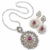 Antique 14K Gold 30 TCW Diamond & 20.4 TCW Ruby Earrings and Pendant Necklace Set