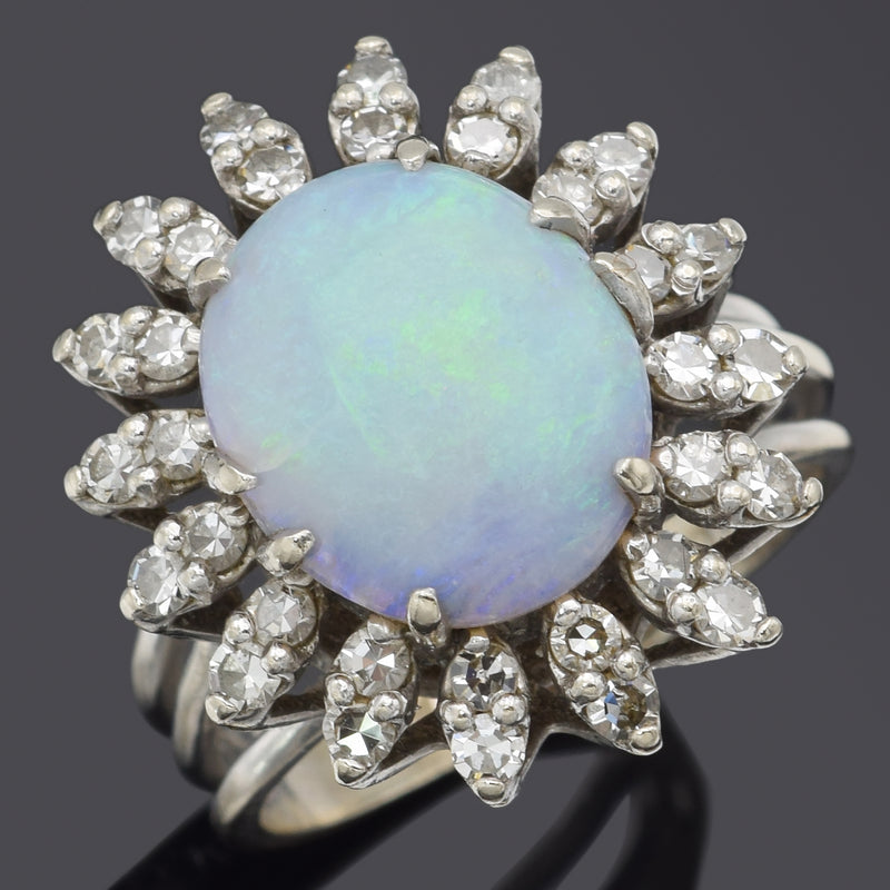 Vintage 14K White Gold 3.68 Ct Opal & 0.96 TCW Diamond Cocktail Ring