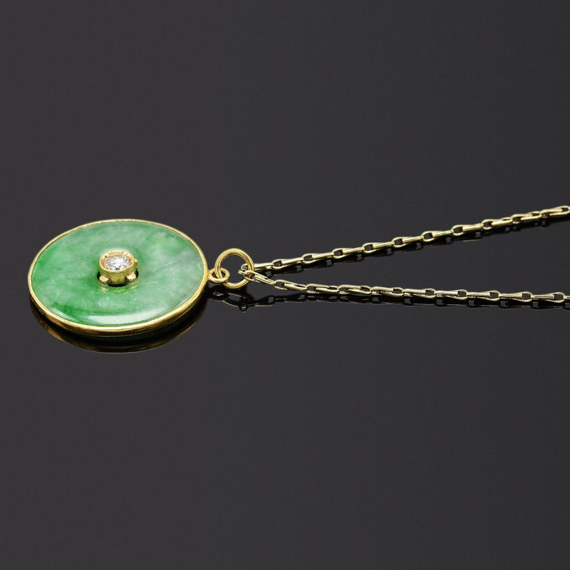 Vintage 18K Gold Green Jade & Diamond Round Disc Pendant &14K Necklace 9.5 Grams