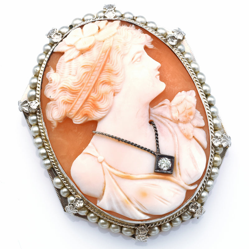 Antique 14K White Gold Cameo Pearl Diamond Large Oval Brooch Pin Pendant