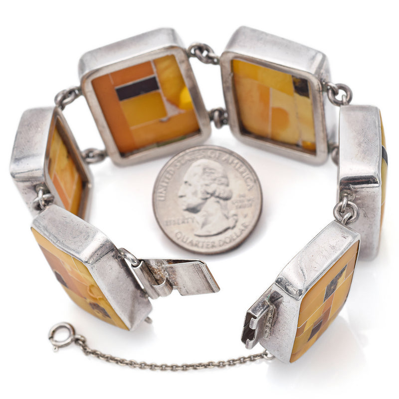 Vintage K/N Signed Sterling Silver Amber Inlay Wide Link Bracelet