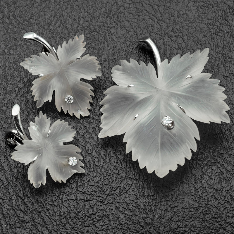 Vintage 14K White Gold Diamond & Frosted Quartz Carved Leaf Earrings & Brooch Pin Set