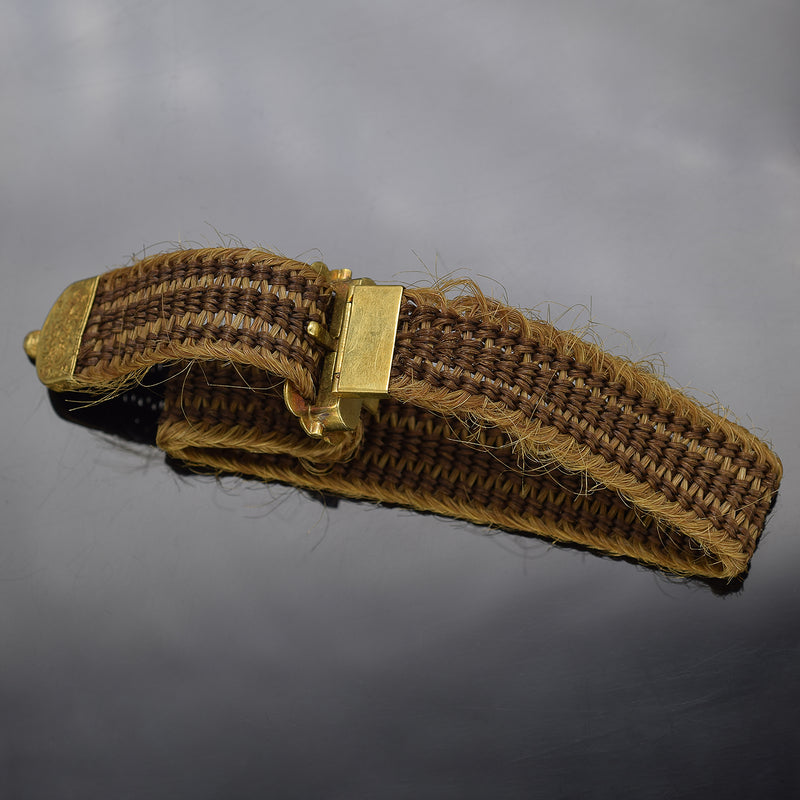 Antique Victorian 18K Yellow Gold Woven Hair Mourning Enamel Bracelet