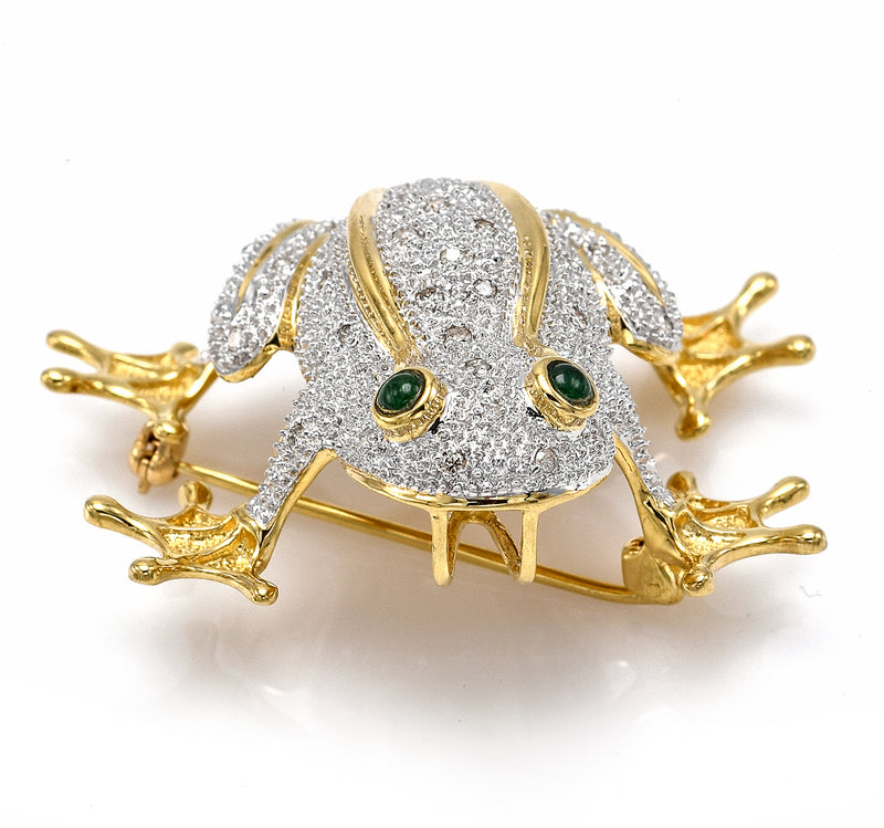 Vintage 14K Yellow Gold Emerald & 0.40 TCW Diamond Frog Brooch Pin Pendant