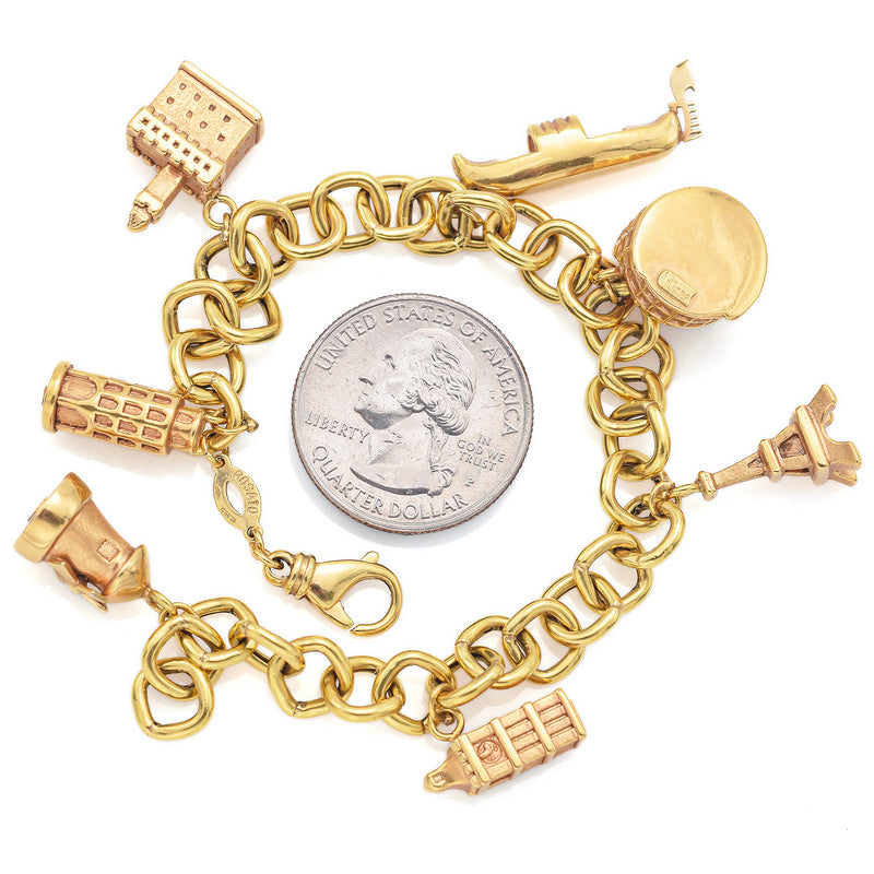 ARTLINEA 18K Gold Colosseum, Pisa Tower, Eiffel Tower, Big Ben, Windmill, Castle, Boat 7 Charms Rosato Bracelet