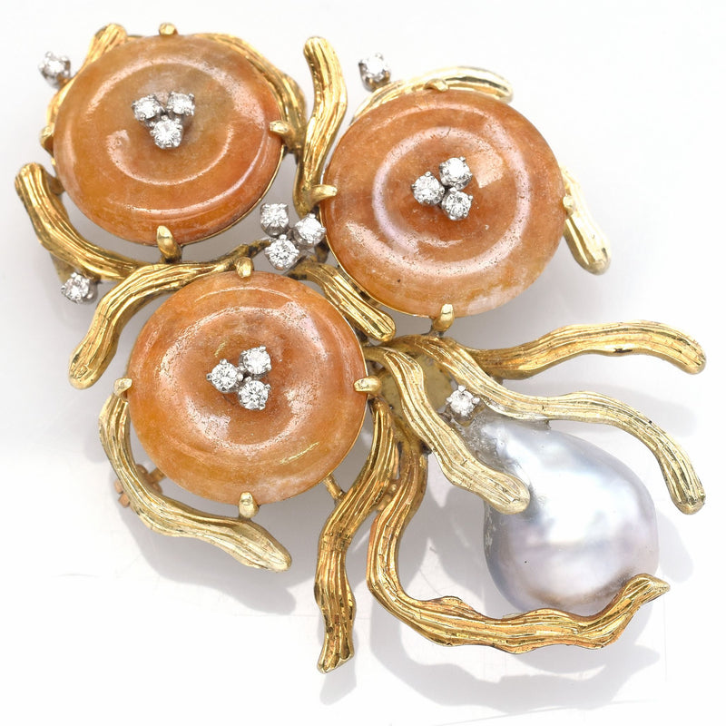 Vintage 14K Gold Orange Jade, Sea Pearl & Diamond Brooch Pin Pendant