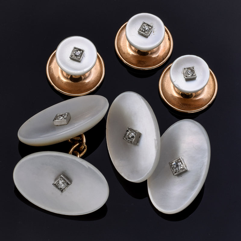 Antique Designer 14K Gold Mother of Pearl Diamond Cufflinks & Shirt Stud Set