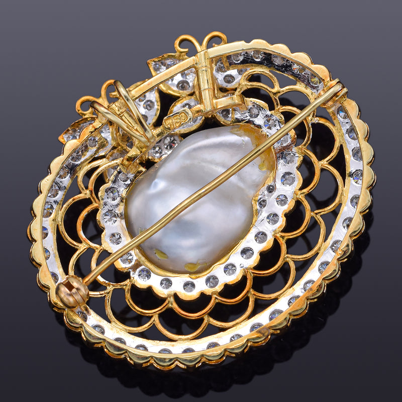 Vintage 18K Gold Baroque South Sea Pearl & 3.33 TCW Diamond Brooch Pin Pendant