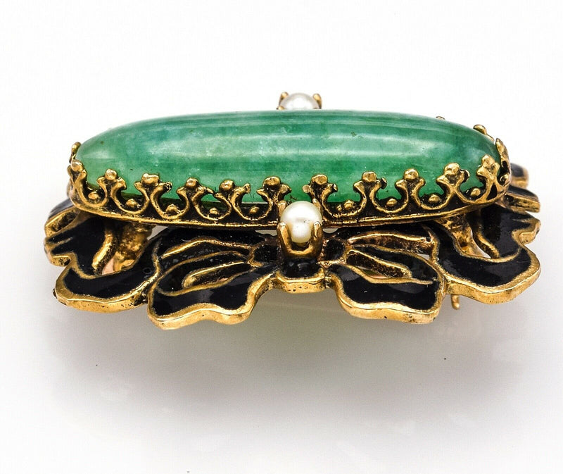 Antique 14K Yellow Gold Green Jade & Sea Pearl Enamel Brooch Pin