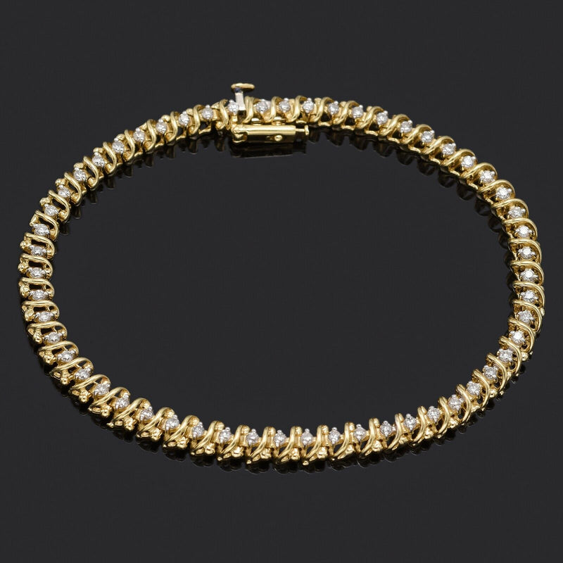 Vintage 14K Yellow Gold 1.10 TCW Diamond Swirl Link Tennis Bracelet