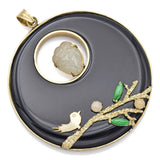 Vintage 14K Yellow Gold Onyx & Multi-Color Jade Kwan Yin, Bird & Branch Pendant