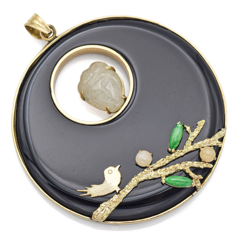 Vintage 14K Yellow Gold Onyx & Multi-Color Jade Kwan Yin, Bird & Branch Pendant