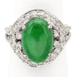 Vintage 14K White Gold 3.37 Ct Imperial Green Jade & 0.61 TCW Diamond Oval Ring