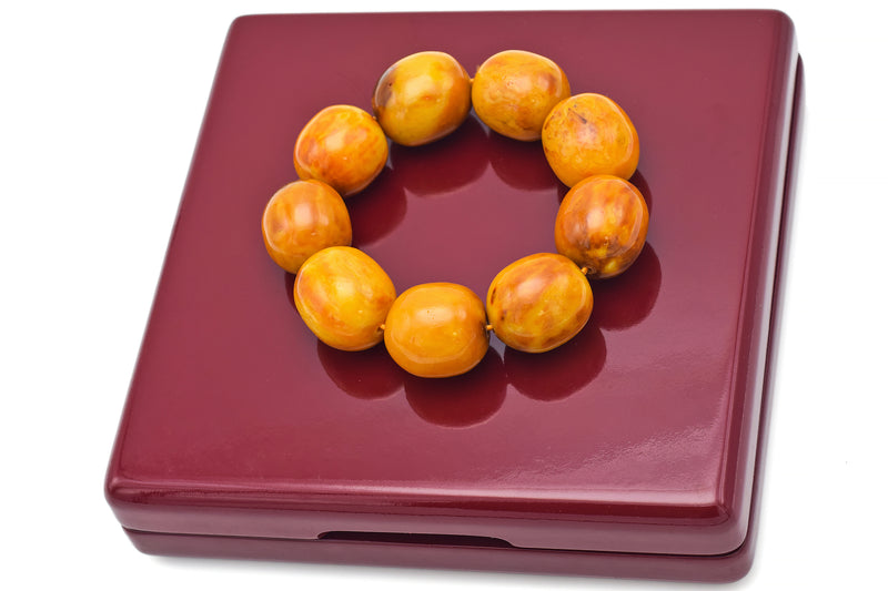 Vintage Natural Butterscotch Amber Large Oval Beaded Stretch Bracelet +Box