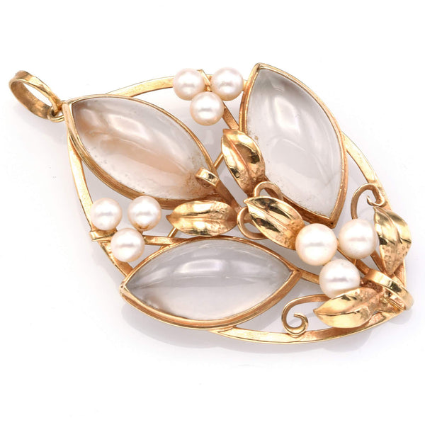 Ming's 14K Gold Translucent White Jade & Sea Pearl Leaf Brooch Pin Pendant