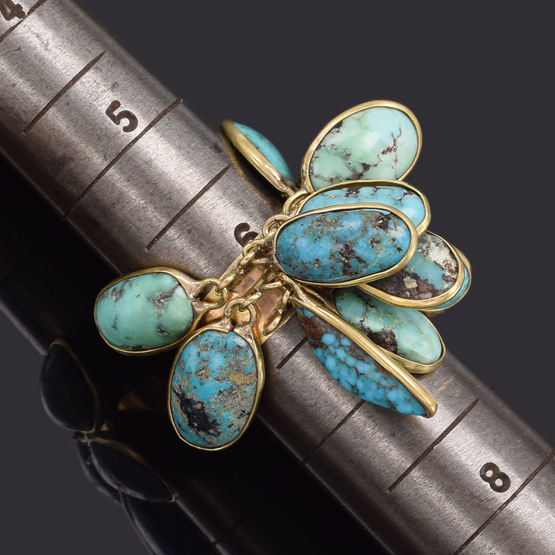 Antique 14K Yellow Gold Genuine Persian Turquoise Dangle Multi-Charm Band Ring 9.0Gr