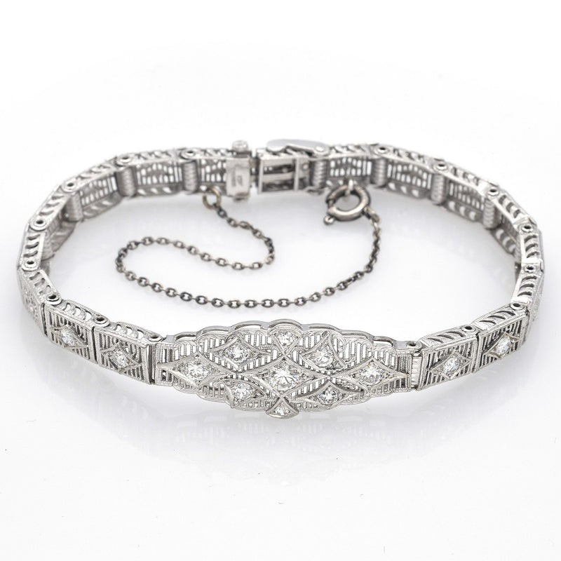 Vintage 10K White Gold Diamond Filigree Bracelet