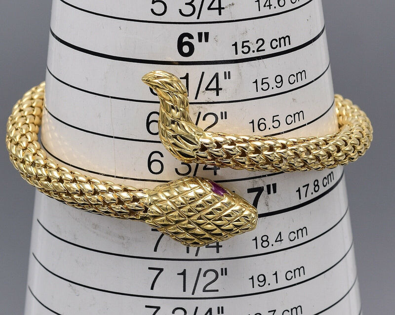 Vintage Italy 14K Yellow Gold Ruby Snake Coil Bangle Bracelet