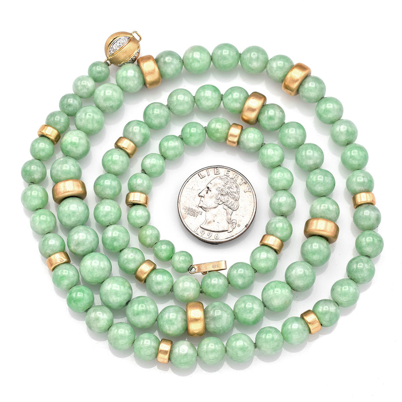 Lise Mori K 14K Yellow Gold Burmese Jade & Diamond Beaded Necklace