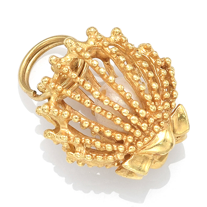 Vintage 14K Yellow Gold Sea Pearl Scallop Shell Cage Charm Pendant