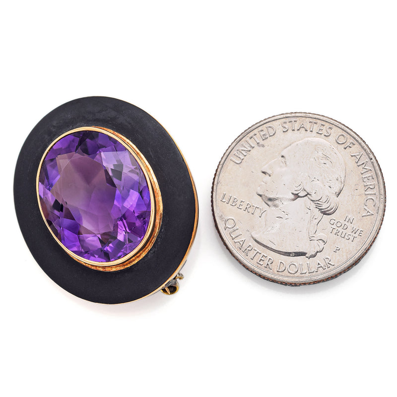 Antique 14K Yellow Gold 13.78 Carat Amethyst Enamel Mourning Brooch Pin