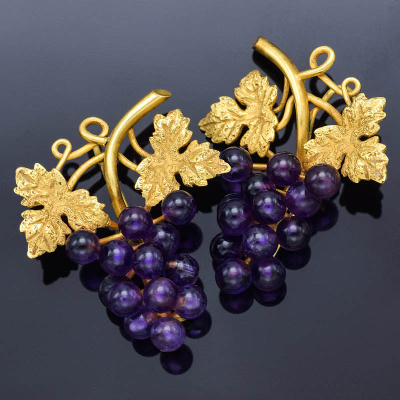 Antique English 18K Yellow Gold Amethyst Grape Vine Drop Earrings 8.5G