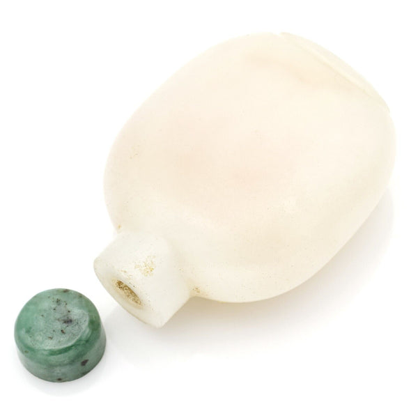 Antique Chinese White Peking Glass & Green Jade Cap Snuff Bottle 39.3 Grams